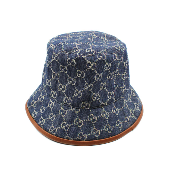 Gucci Accessories - F0 Auth GUCCI Navy Denim Leather Brim LOGO Bucket Hat 576371 $580 Size S